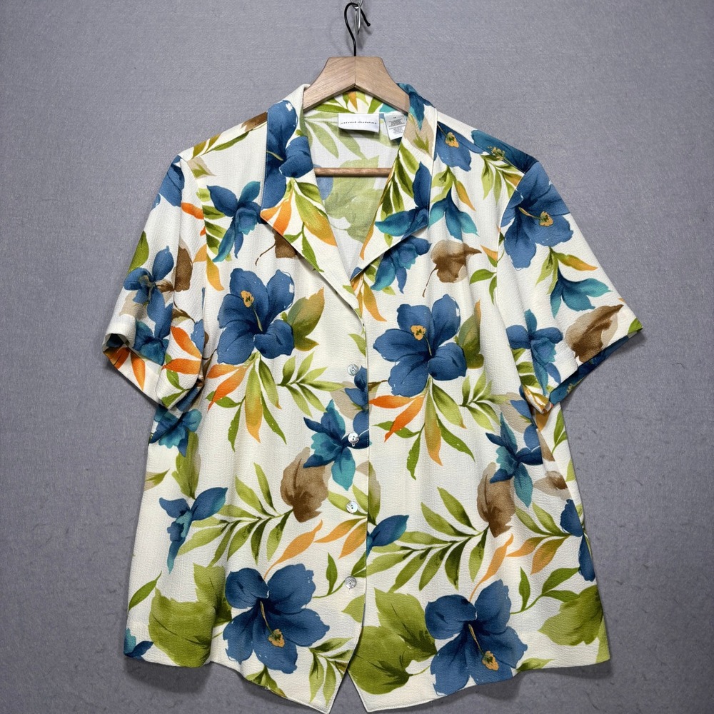 Alfred Dunner Floral Short Sleeve Button Up Shirt Women's 16 Blue Green Tropical